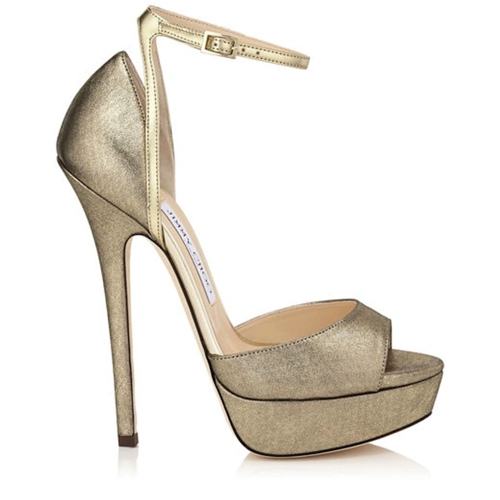 JIMMY CHOO Pearl 145 Gold Shimmer Leather Platform Sandals In Gold/champ